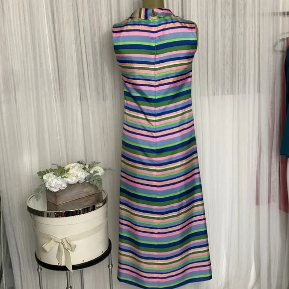 Dynasty vintage 60’s Striped Multicolor Sleeveless silk Dress S/M - Picture 3 of 17